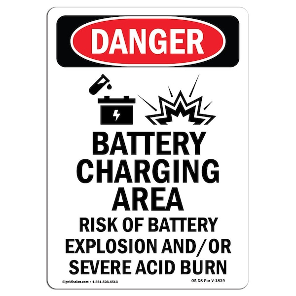 Safety Sign, OSHA Danger, 24" Height, Aluminum, Battery Charging Area, Portrait, A-1824-V-1839